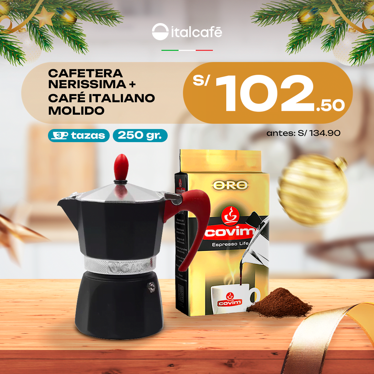 Cafetera italiana NERISSIMA 3 tazas roja - GAT + Café Molido 250g